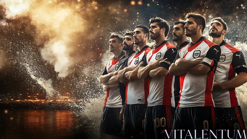 Soccer team stands united before explosive night backdrop