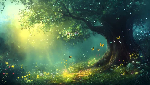 Enchanted Forest Glade: Ancient Tree with Luminous Butterflies and Blossoms