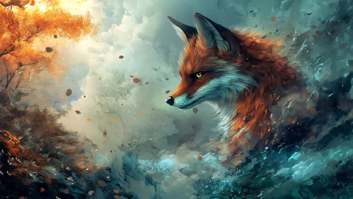 Vivid fox spirit emerging through swirling autumn mist.