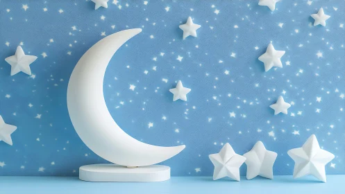 Crescent moon lamp glows softly among playful white stars.