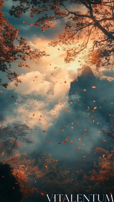 Golden autumn leaves drifting through a dreamy forest sky.