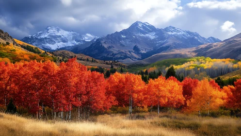 Blazing autumn aspens glow beneath calm snowcapped peaks