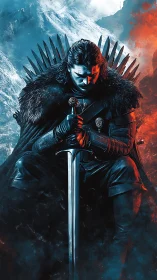 Brooding warrior grips sword on throne amid fire and ice