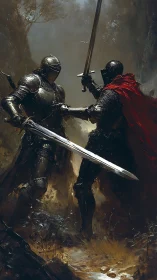Digital painting of dueling armored knights with dynamic chiaroscuro.