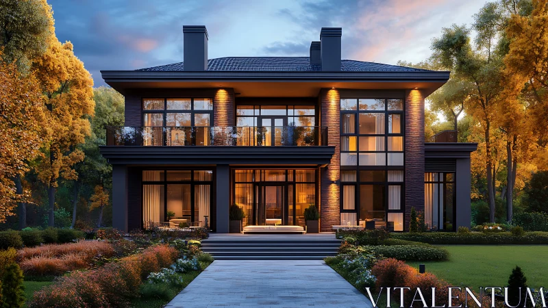 Golden hour modern home glows warmly in a lush garden