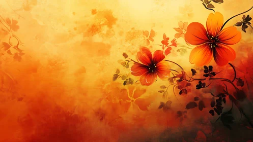 Radiant orange blossoms glow against golden abstract haze.
