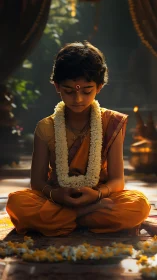 Child in traditional attire meditating in soft temple light.