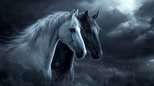 Two detailed horse heads emerge from a dark stormy sky
