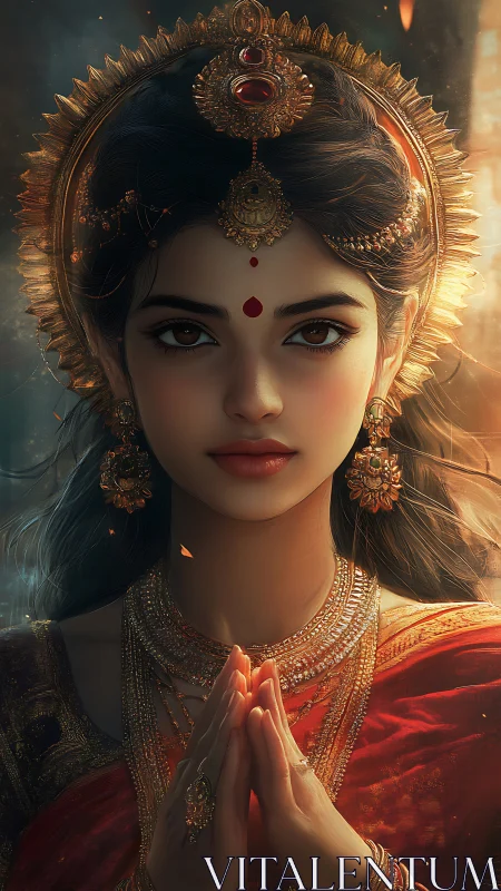 Digital portrait of woman in ornate Indian attire.