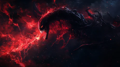 Cosmic shadow dragon erupts from red nebular storm