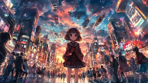 Neon skygirl wandering through a floating future cityscape.