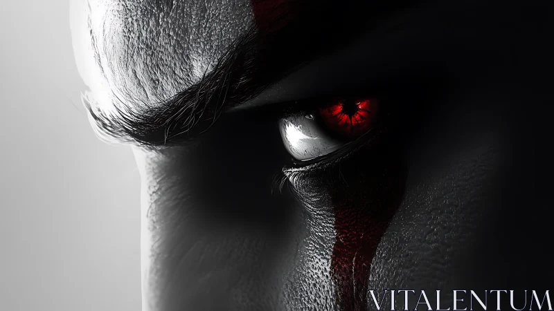 Red-eyed warrior close-up in stark monochrome profile.