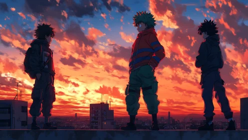 Sunset rooftop trio caught between city lights and dreams.