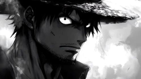 Monochrome close-up of shaded male anime figure in hat.
