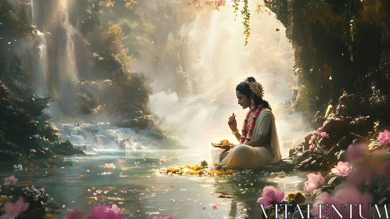 Seated robed figure beside reflective pool in floral gorge.