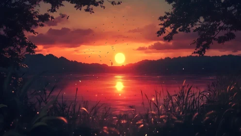 Sun sets over calm forest lake framed by silhouetted trees