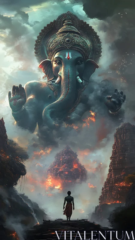 Colossal Ganesh emerges from stormlit ruins of burning shrines.