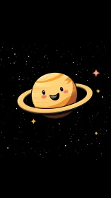 Smiling ringed planet character with stars in space.
