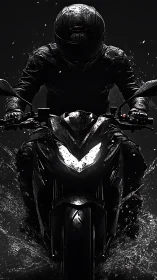Motorcyclist charges through water in dramatic noir lighting.