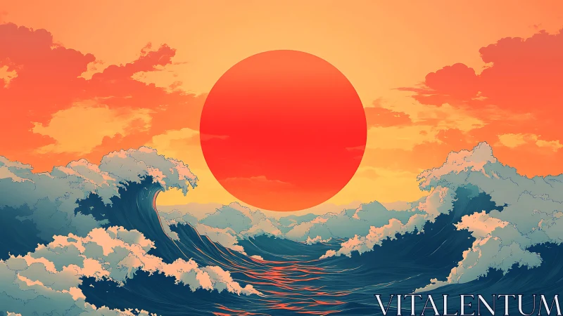 Crimson sun rises over storm-tossed neon waves at dawn.