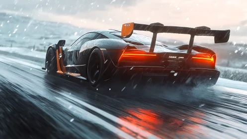 Rear view of racing car on wet snowy road at speed.