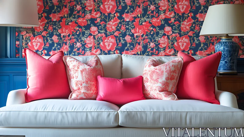 White sofa anchors bold coral cushions and floral backdrop.