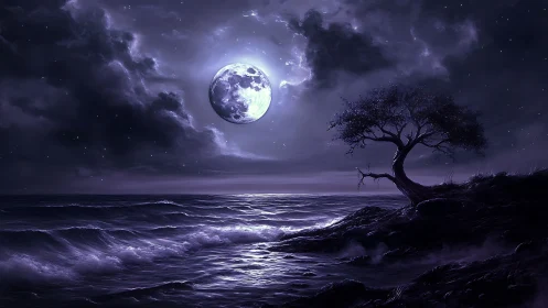 Moon-drenched shoreline where a solitary tree keeps watch.
