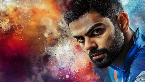 Intense athlete portrait emerges from explosive color clouds.