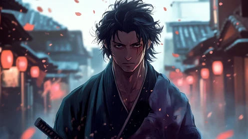 Brooding samurai stalks lantern street in drifting embers.