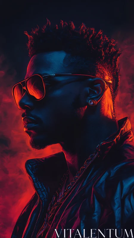 Neon-lit digital portrait of man in sunglasses profile.