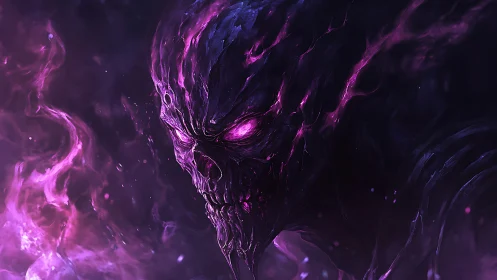 Digital painting of voidborn skull wreathed in violet flame.