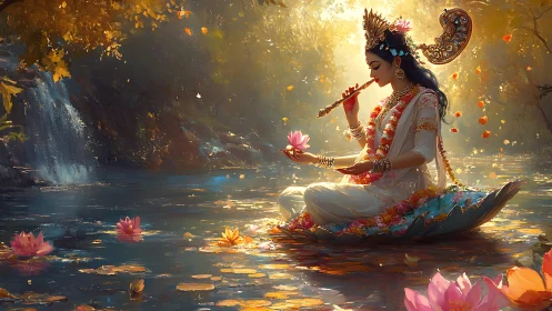 Gentle river goddess playing flute on a glowing lotus boat.