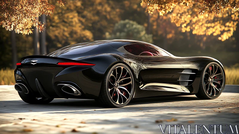 Gleaming black supercar glides through a calm autumn setting