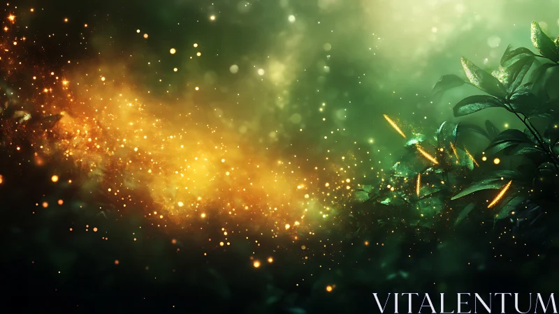 Glowing particles drift through green foliage at night.