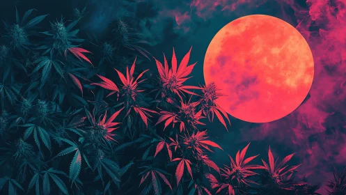 Cannabis plants in neon duotone lighting under large red moon