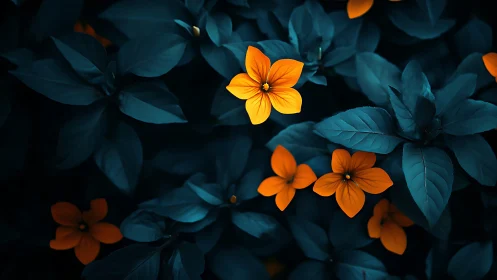 Clustered flowers with teal foliage under dark illumination.
