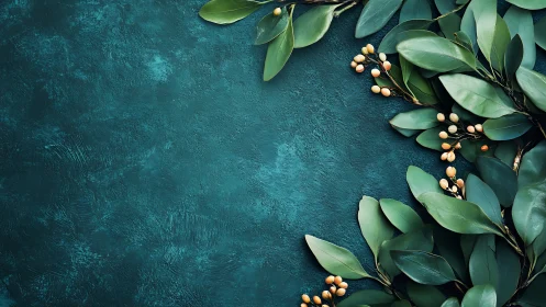 Green foliage border over textured teal stone backdrop.