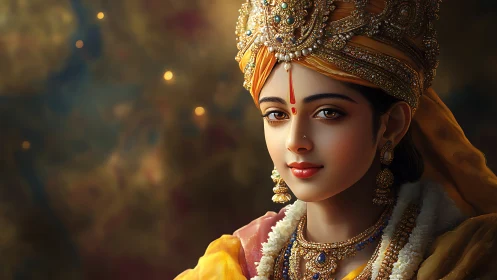 Portrait shows young woman in ornate traditional regalia