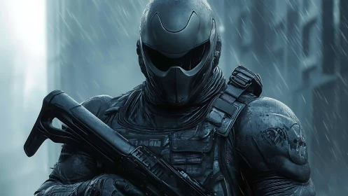 Rain-soaked urban sentinel in matte armor stands unshaken.