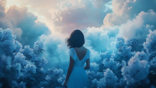Woman in blue dress standing in dreamy cloud garden scene.