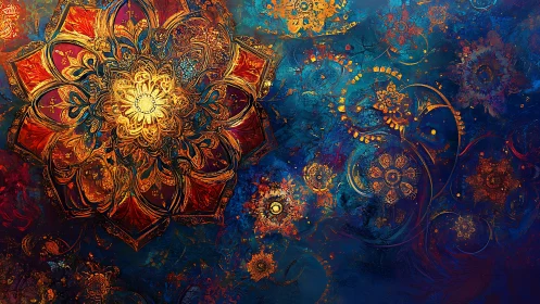 Intricate mandala forms over deep blue abstract background.