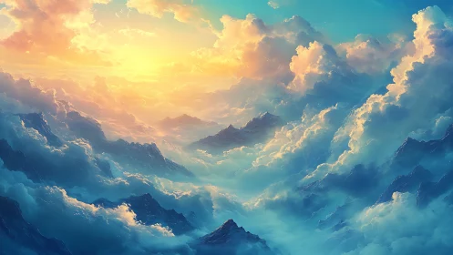 Sunlit clouds roll over stylized blue mountain peaks