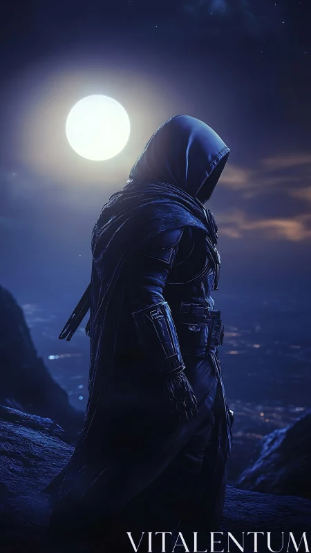 Hooded night sentinel watches a moonlit cyber city below.