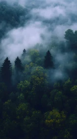 Misty Coniferous Forest Landscape with Atmospheric Fog.