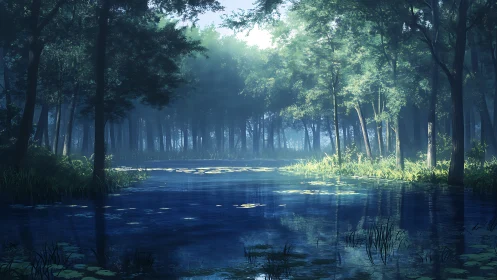 Misty forest stream with tall trees and dappled light.