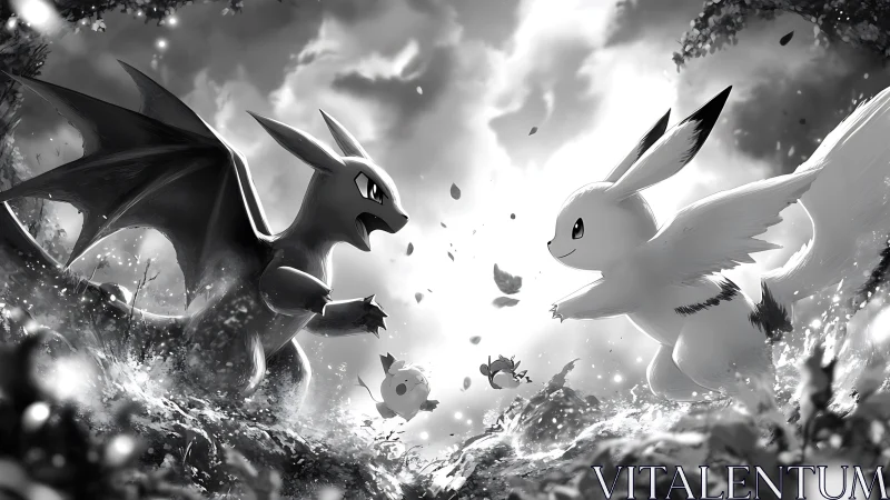 Winged creatures clash midair in dramatic forest battle.