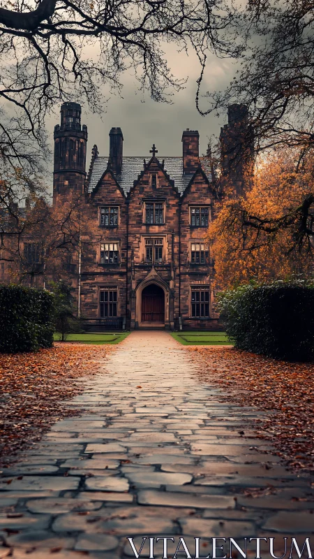 Gothic revival manor framed by autumn foliage under brooding sky