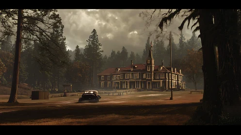 Overcast lodge courtyard with vintage sedan under diffuse autumn light