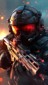 Flare-lit cyber soldier steadies a rifle in burning dusk