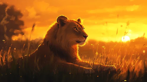 Golden-lit lion resting in tall grass at sunset panorama.